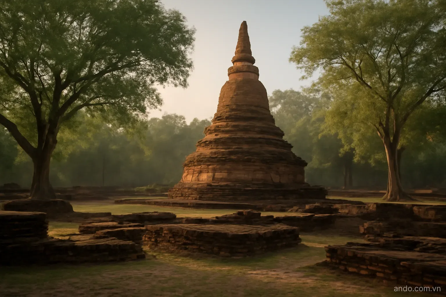 An ancient brick stupa surrounded by low ruins and old trees in soft morning light, wide view, no text