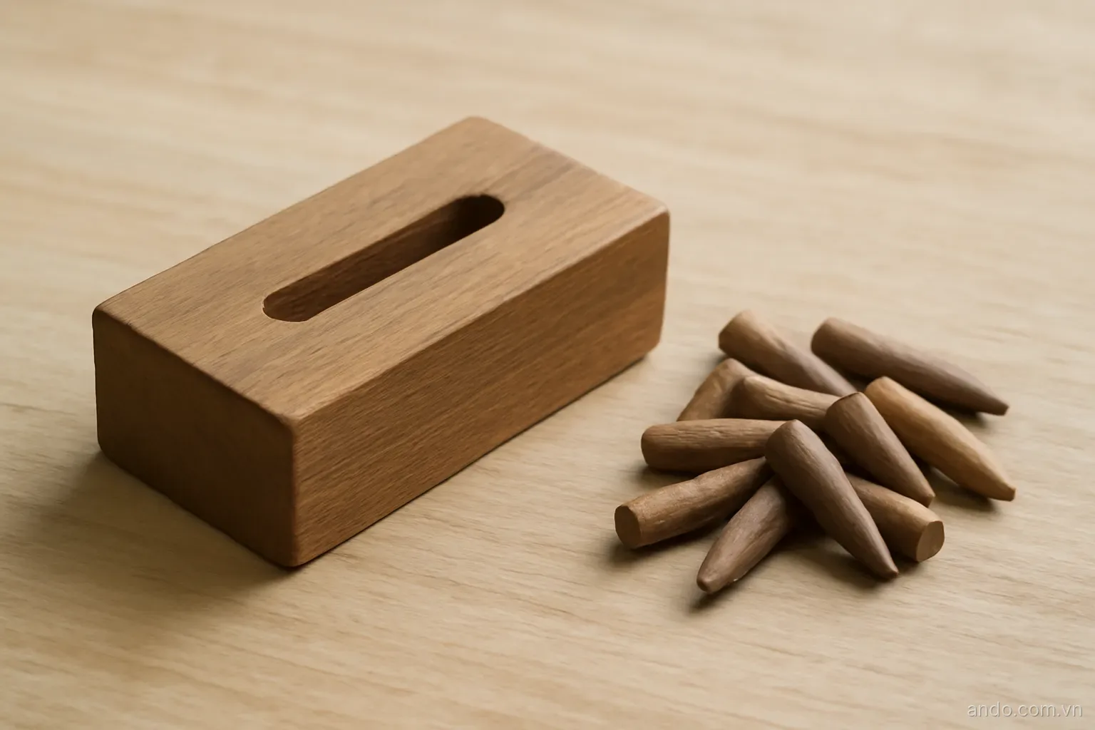 A simple wooden gauge block with a slot cut through it resting on a bare table beside a small pile of shaped pegs, even daylight, no text