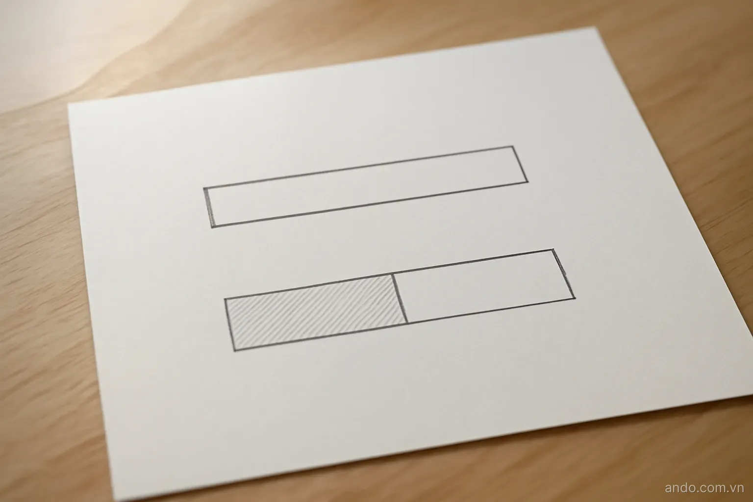 A schematic of one long bar shown twice, once shortened and once split into two shaded halves, thin outlines on paper, no text