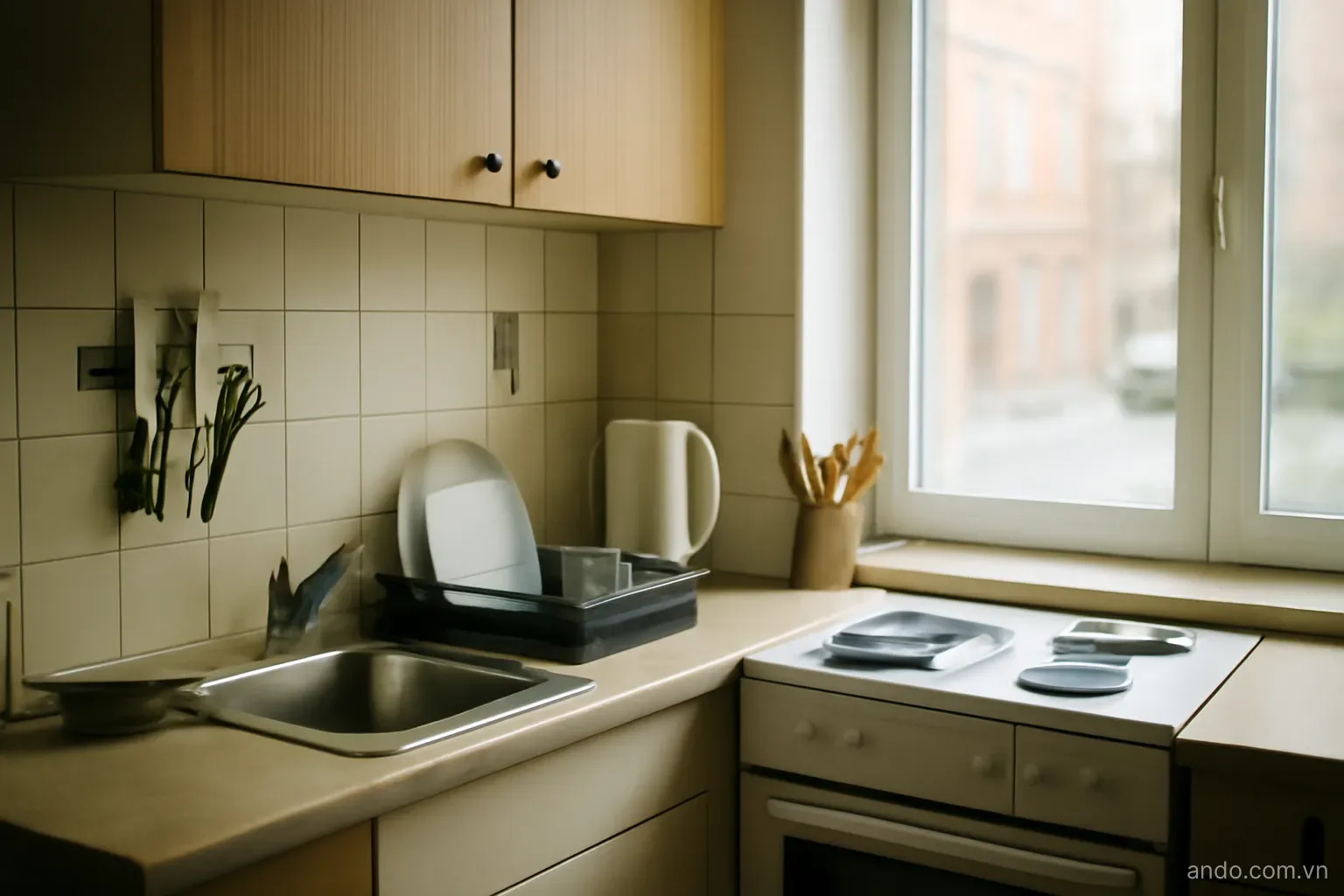 A small apartment kitchen with a few utensils and a window looking onto a street, eye level, no text