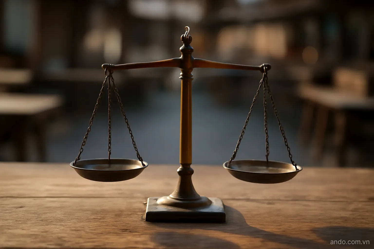 A plain balance scale standing on a bare market table with two empty pans, morning side light, no text