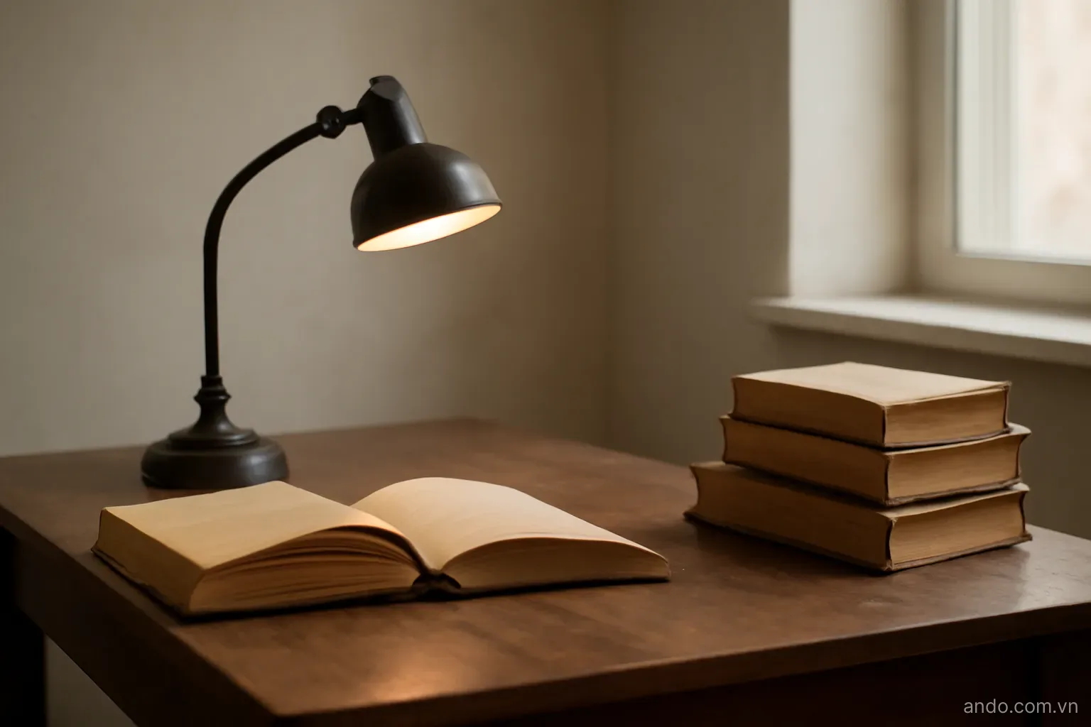 A study desk with old books and a reading lamp in a simple room, eye level, no text