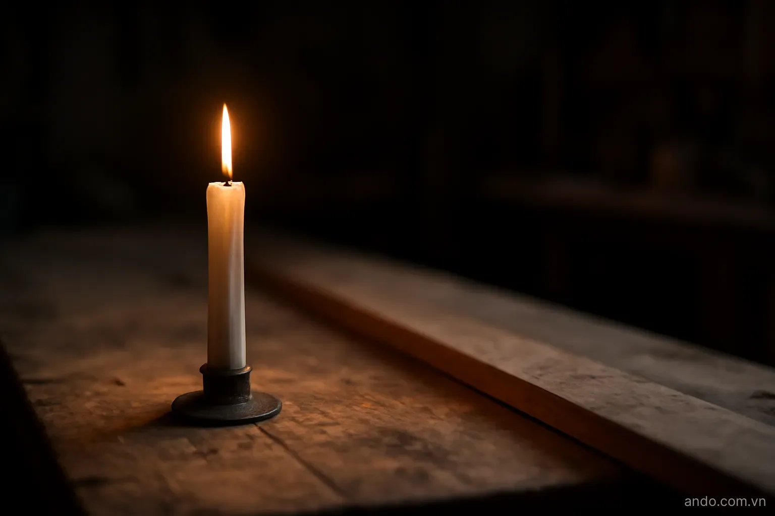 A single lit candle on a worktable casting light over a long unfinished object extending into darkness, no people, no text