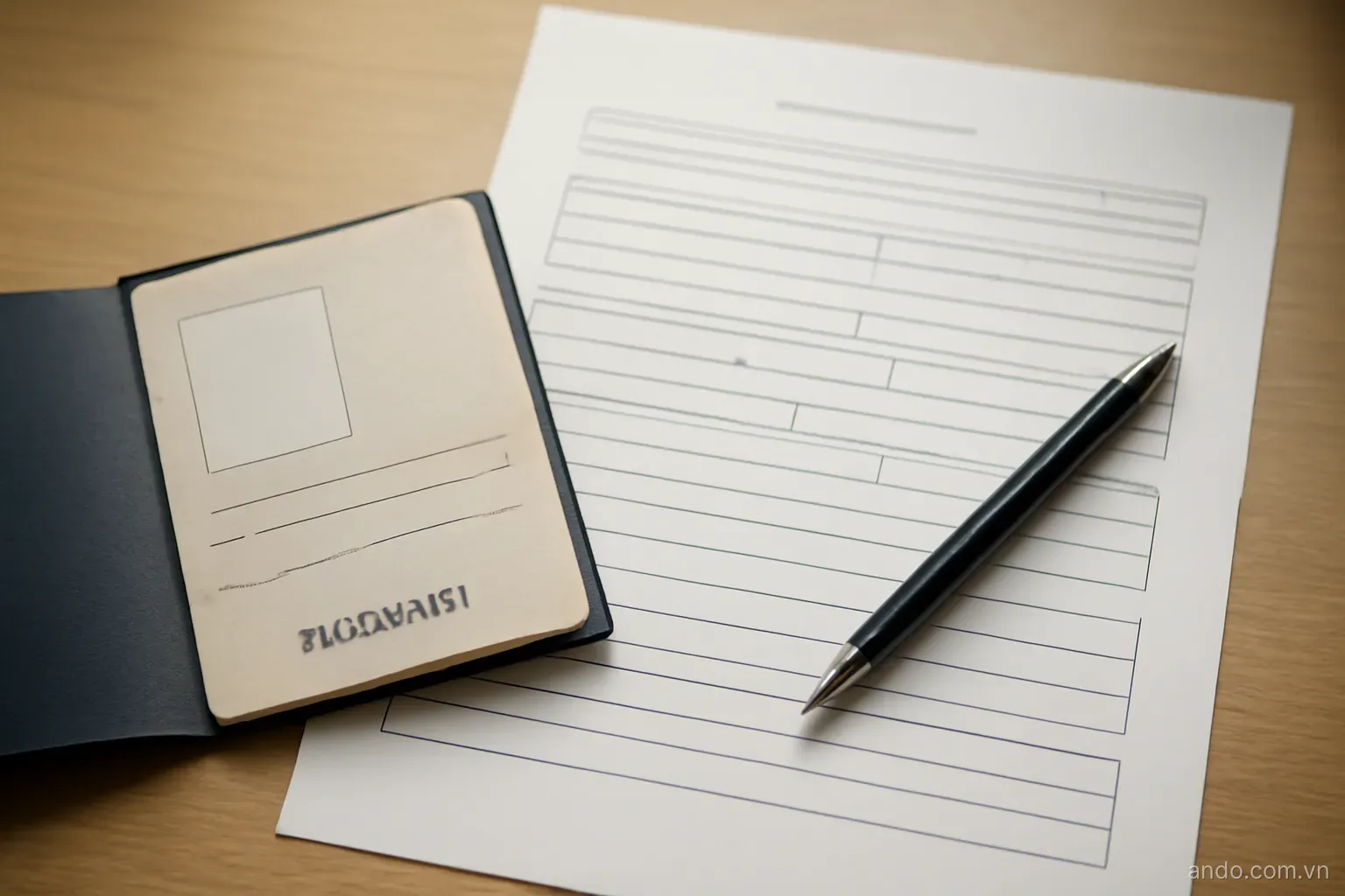 A passport open beside a filled application form and a pen, overhead view, no text