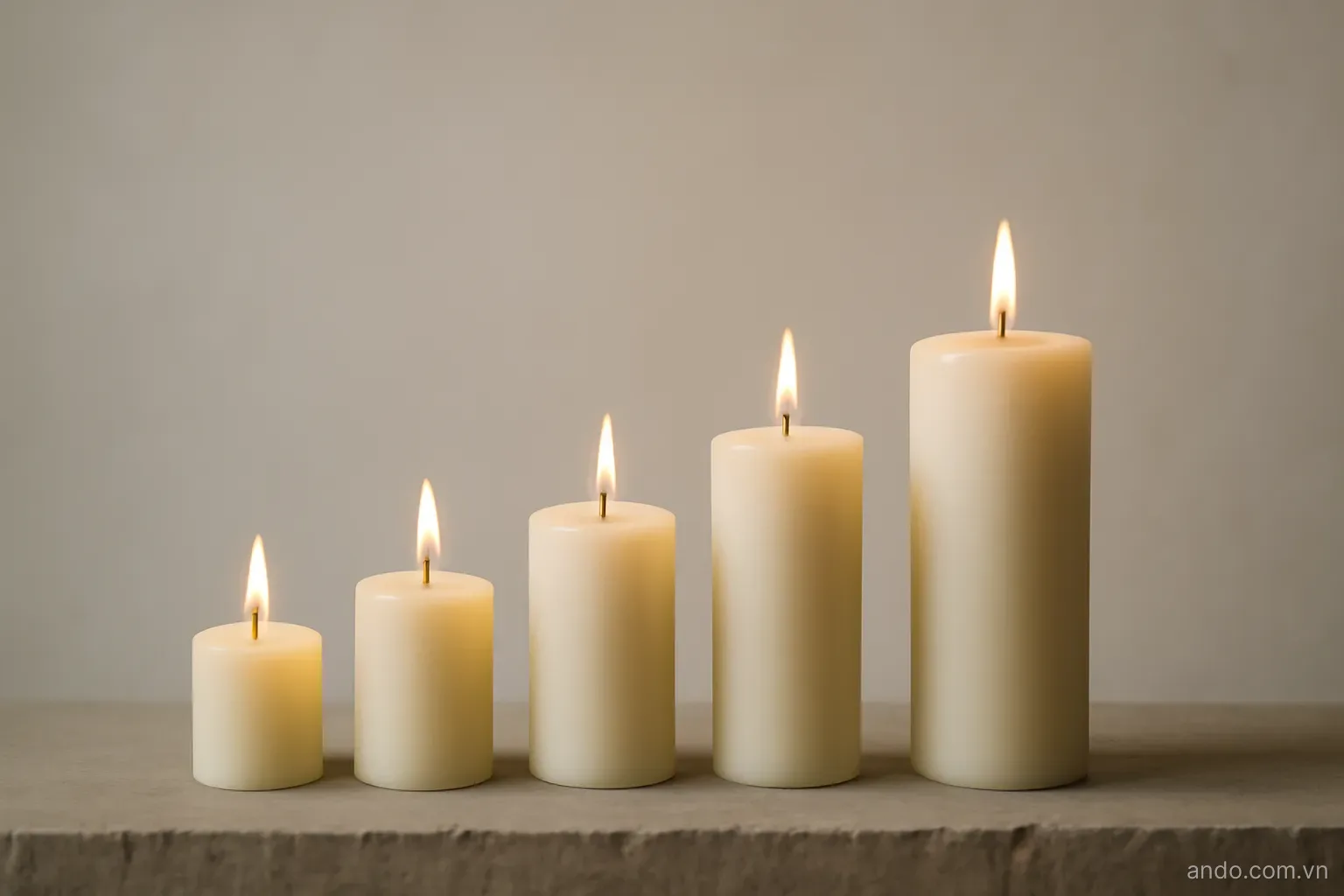 Five candles of increasing height lined up left to right on a flat stone ledge, plain background, no text