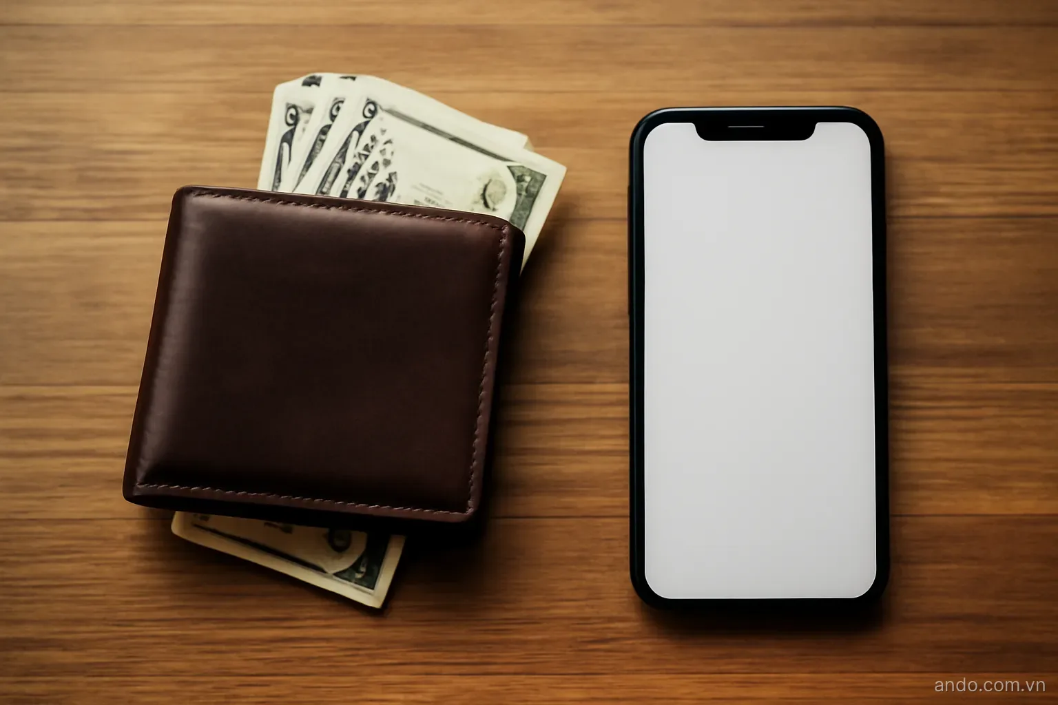 A wallet, a few banknotes and a phone on a wooden counter, top-down view, no text