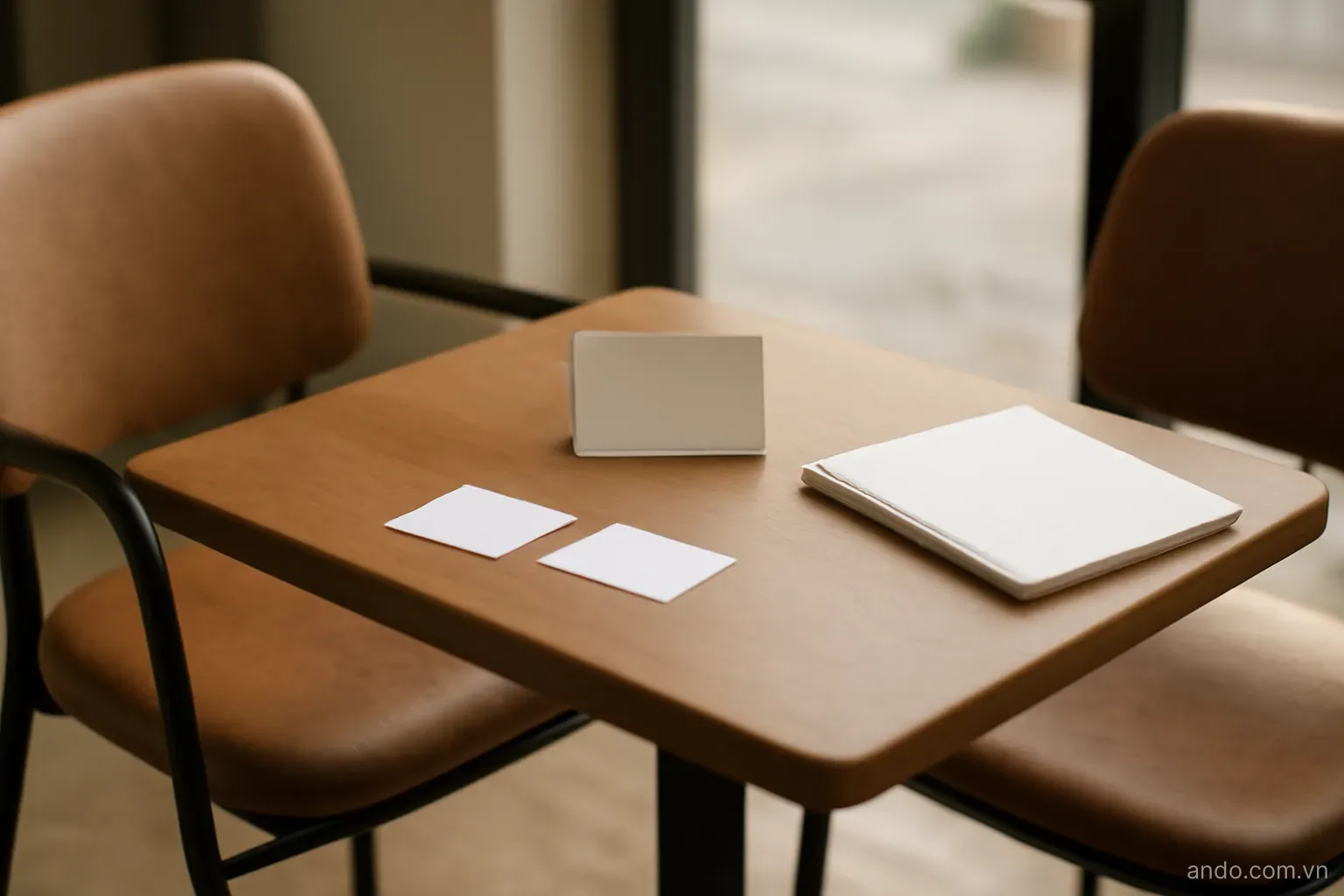 Two chairs at a small table with business cards and a notepad between them, eye level, no text