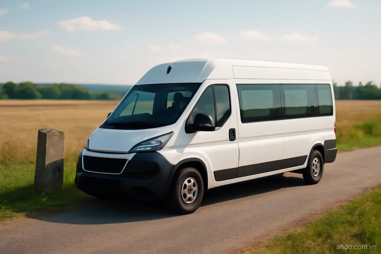 A minibus parked on a rural road beside a stone marker and open fields, wide view, no text