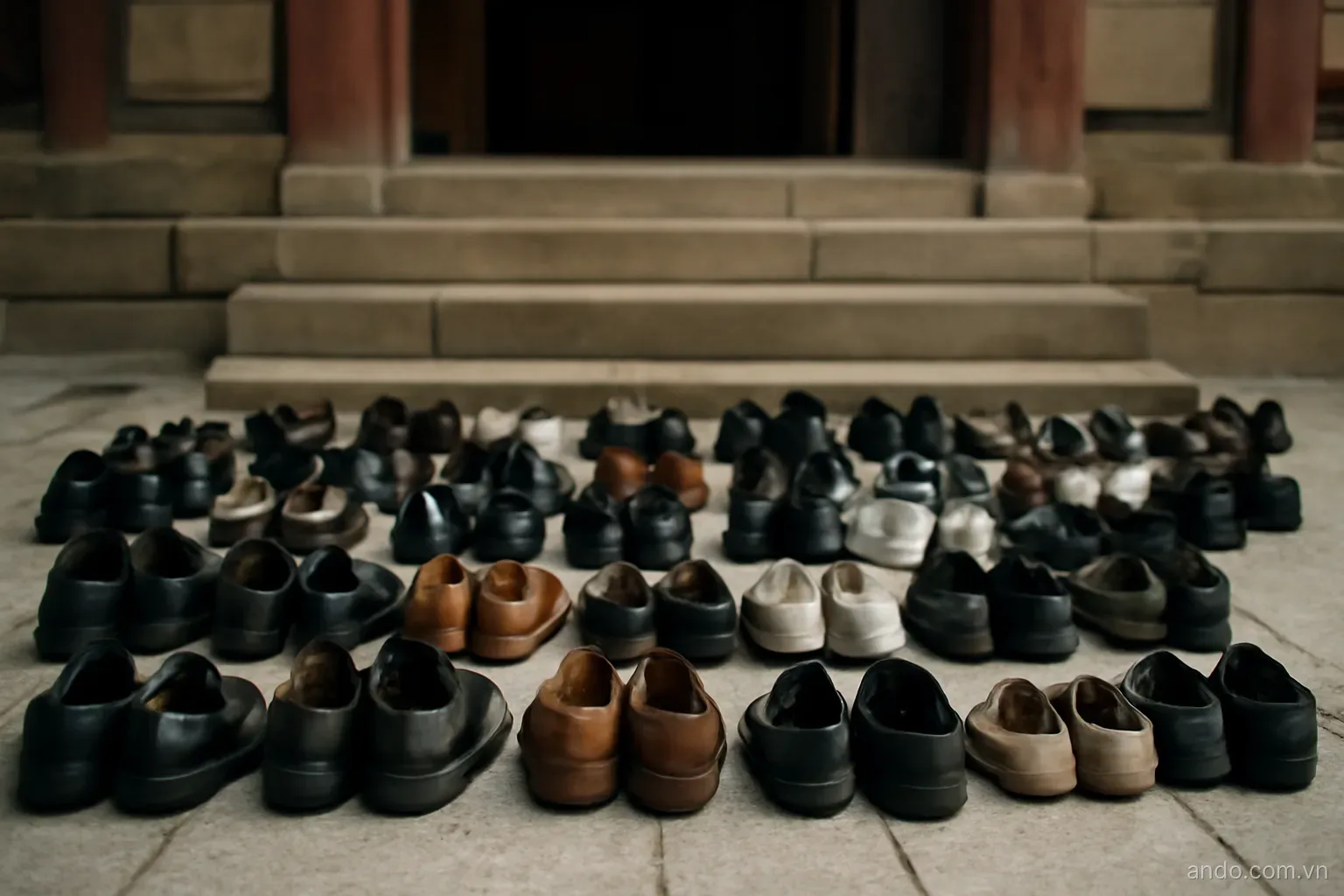 Rows of shoes left neatly outside a temple entrance with stone steps, eye level, no text