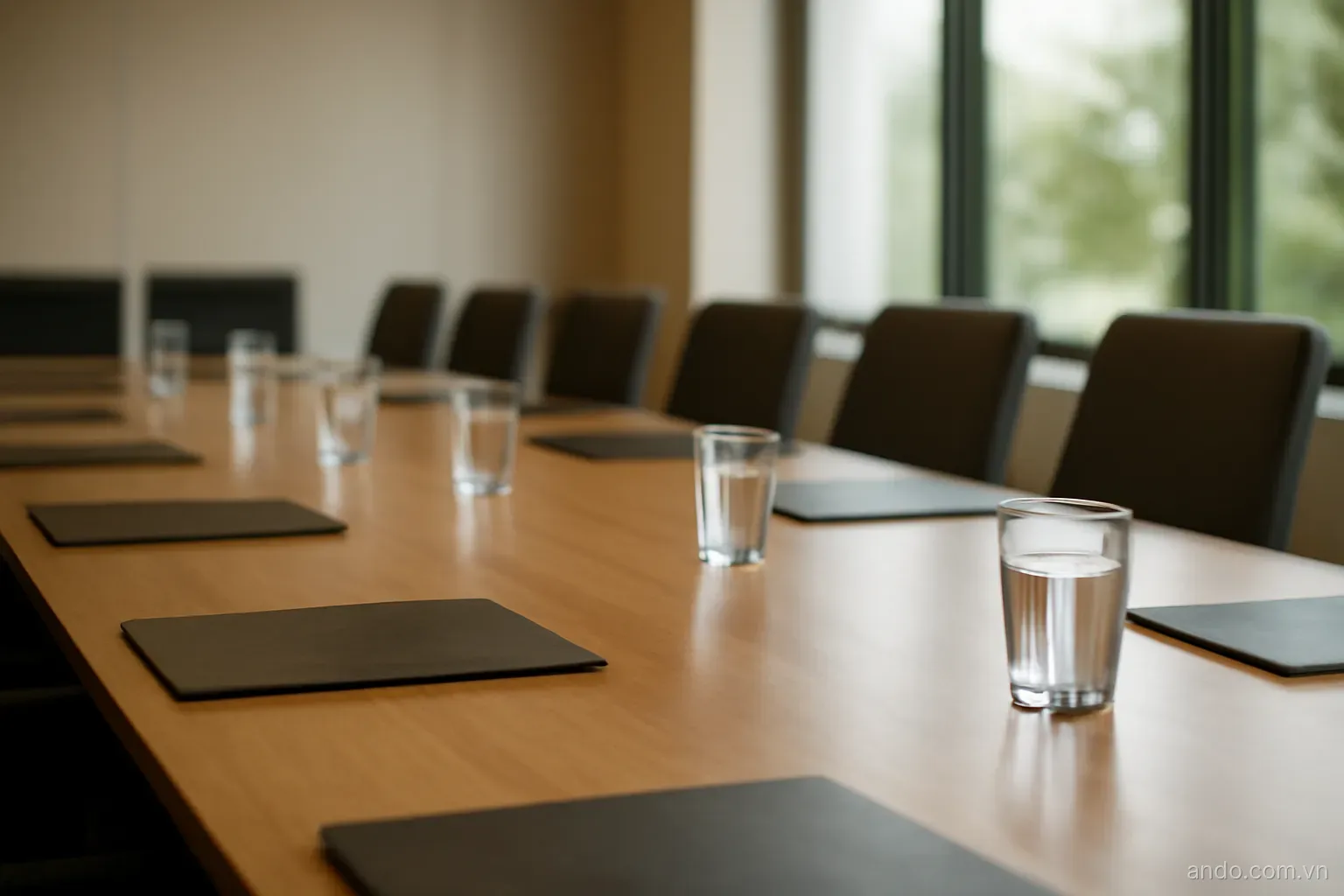 A conference room table with water glasses and folders set for a meeting, wide view, no text