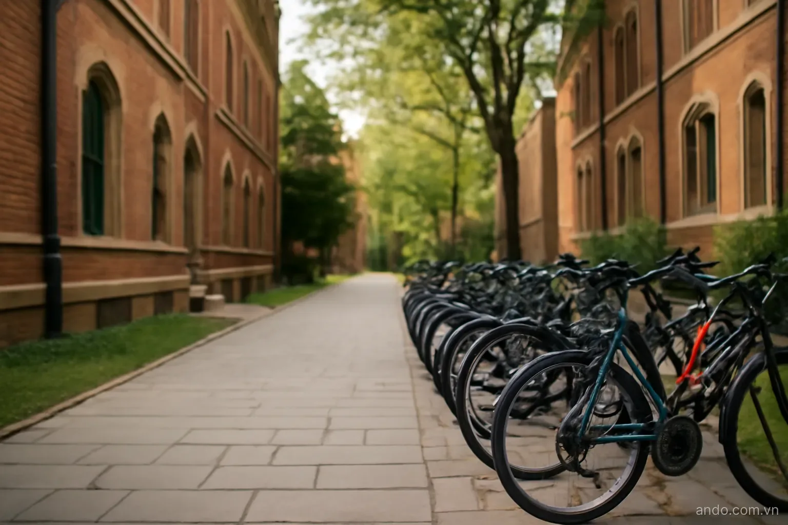 A university campus walkway with old brick buildings and students bicycles parked along it, wide view, no text