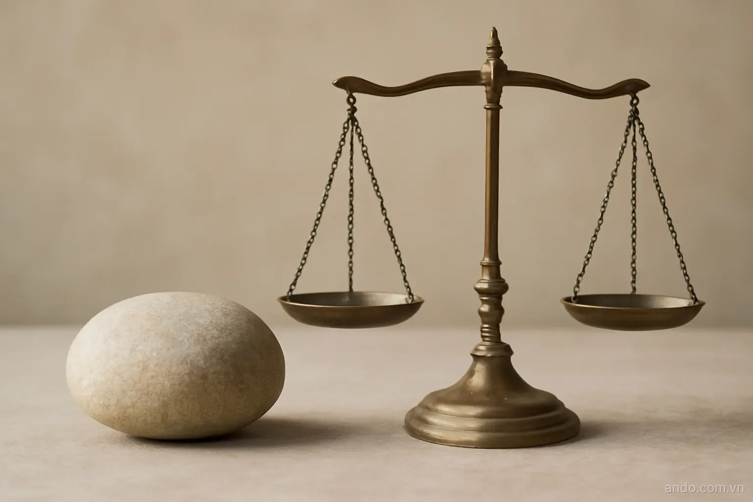 A hand-sized stone and a balance scale standing side by side on flat ground, plain background, no text
