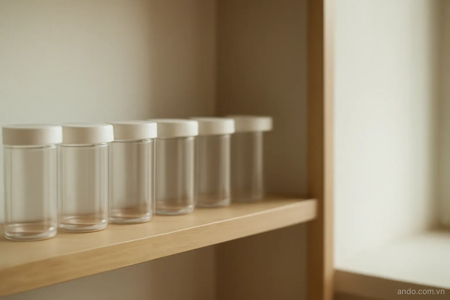 A short row of identical small containers on a shelf beside one much taller empty space left unused, even daylight, no text