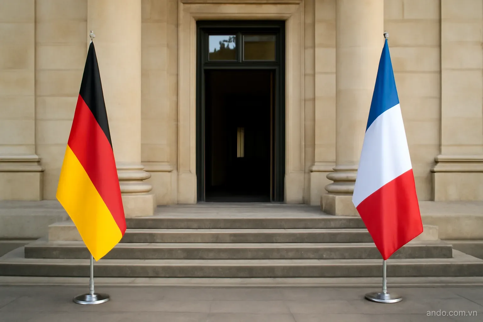 Two flags beside a formal meeting hall entrance with stone steps, wide view, no text