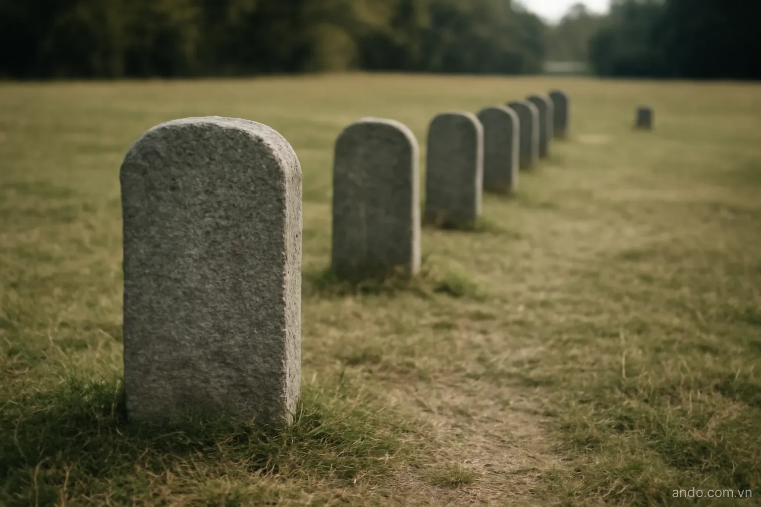A queue of evenly spaced stone markers in a line with one marker placed far behind the rest, no text