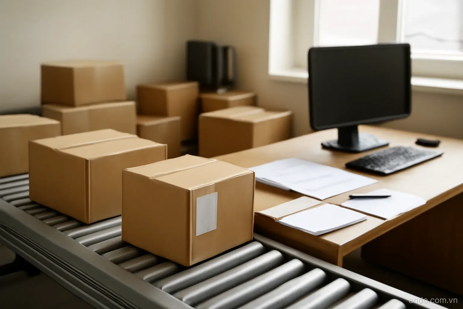 Boxes with shipping labels on a conveyor beside a desk with documents, wide view, no text