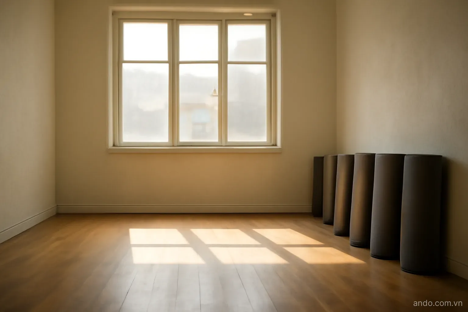 A quiet studio room with rolled mats along a wall and morning light through windows, wide view, no text