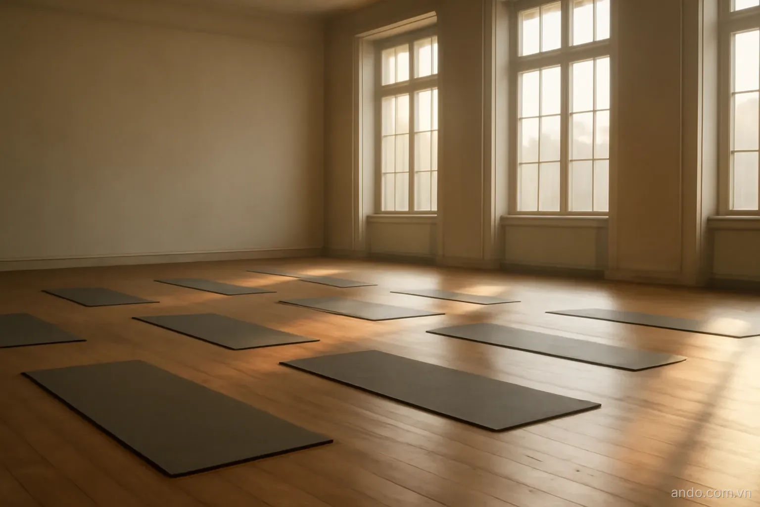 A quiet open hall with mats on a wooden floor and morning light through tall windows, wide view, no text